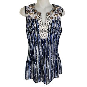 Alfani Womens Top Sz 10 Sleeveless Split V Neck Embellished Embroidered Crinkle